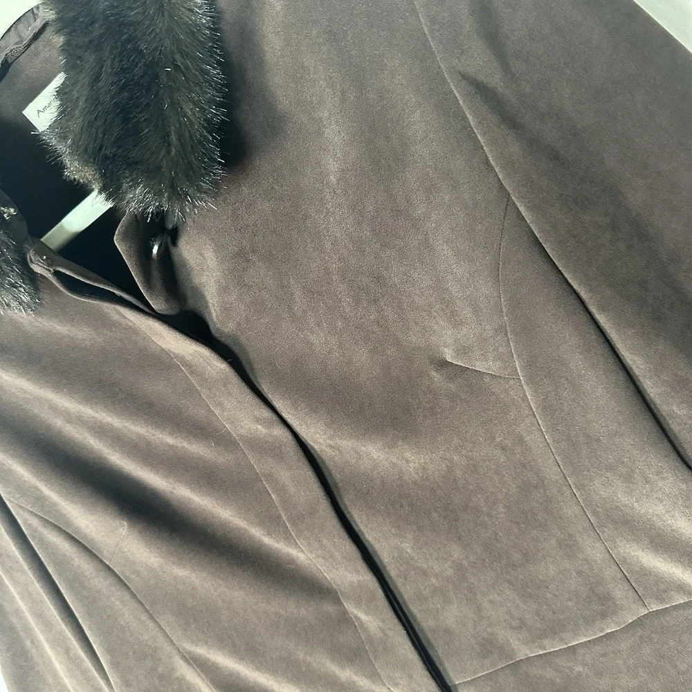 Amanda Smith Faux Suede Jacket 12P Brown Faux Fur Collar Mob‎ Wife Vintage 70s